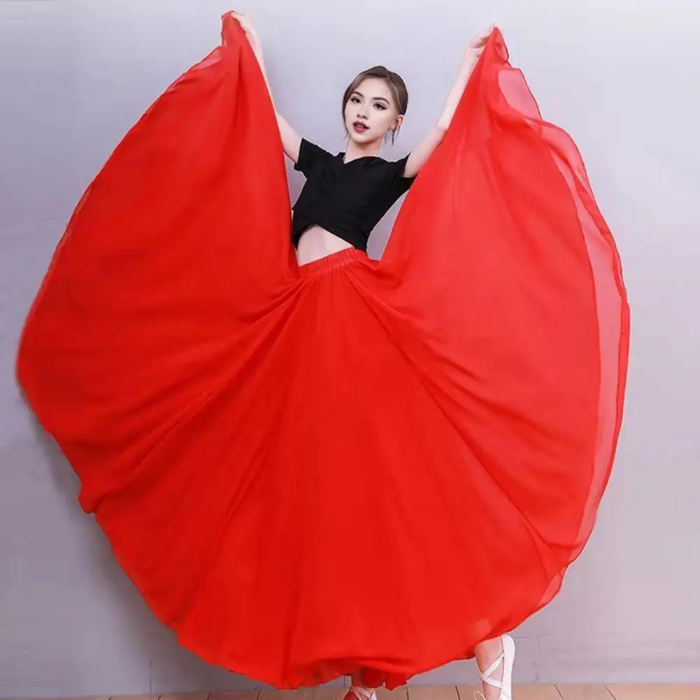 Large Skirt Elegant Women's Chiffon Maxi Skirt for Dance Versatile Wear Flowy Double-layered Solid Color Skirt 720 Degree Pull