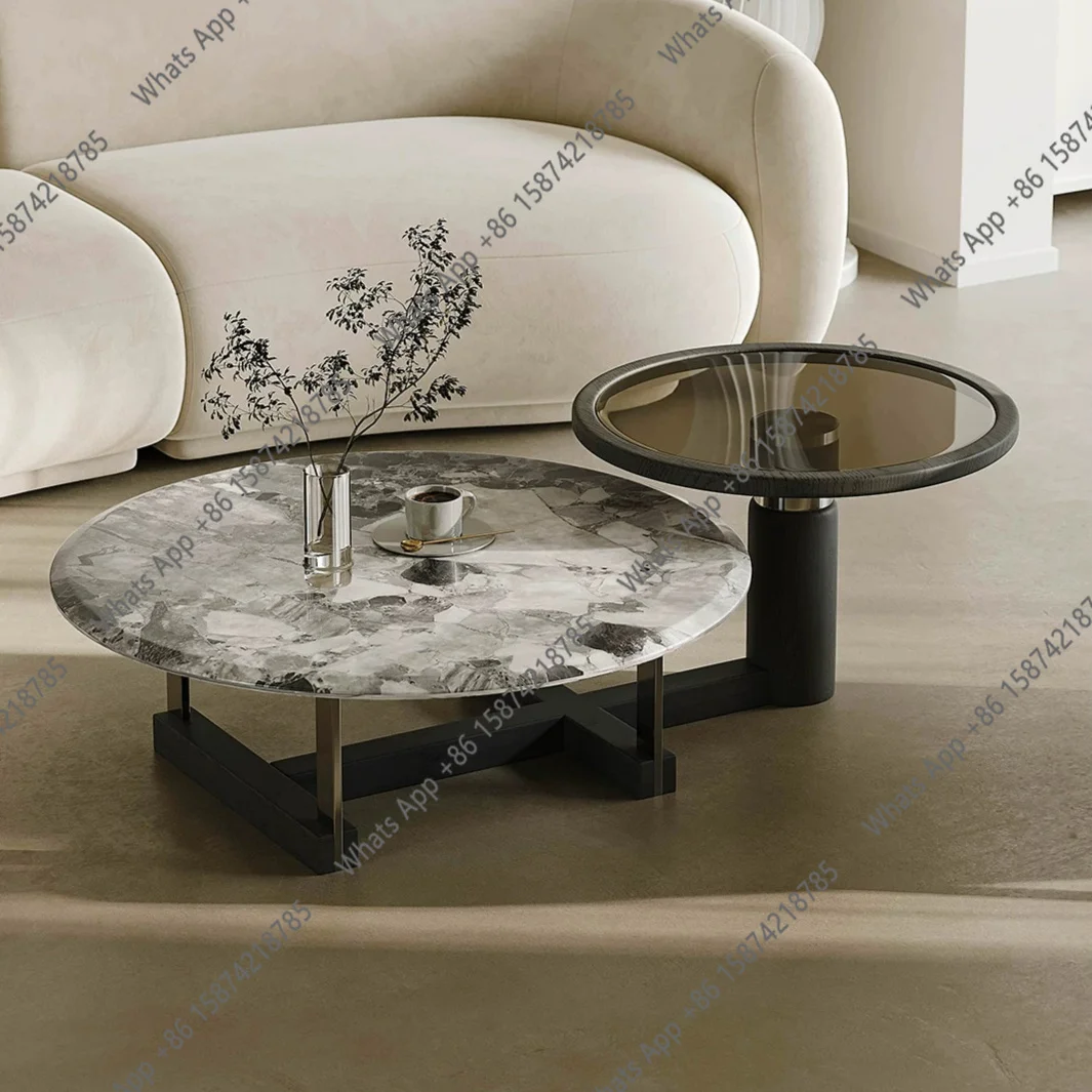 

New designer ash wood coffee table light luxury modern living room wabi sand wind mother marble coffee table combination