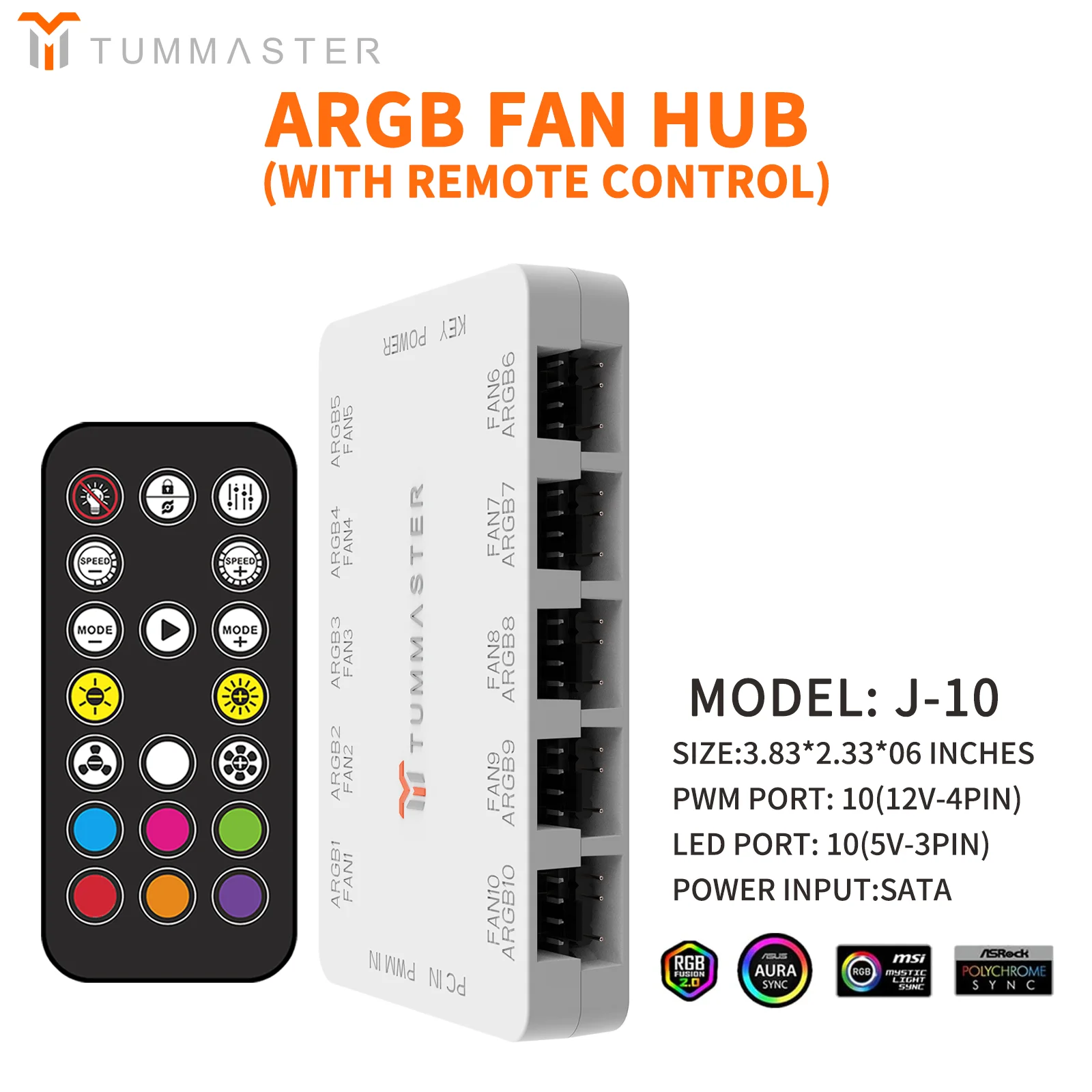 ARGB Cooling Fan Hub10-Port  4Pin 5V-3Pin Fan Controller with Magnetic Computer Case Lighting PWM Fan Splitter for PCs