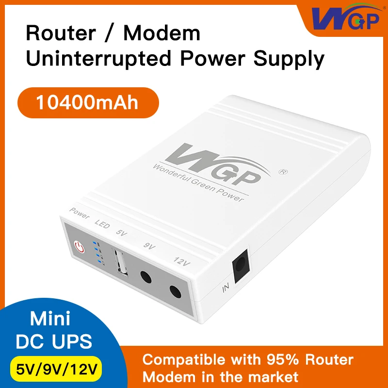 WGP Mini UPS DC fuente de alimentación ininterrumpida 10400mAh 18650 batería de respaldo 5v 9v 12v 220V enrutador módem wifi hogar con carga