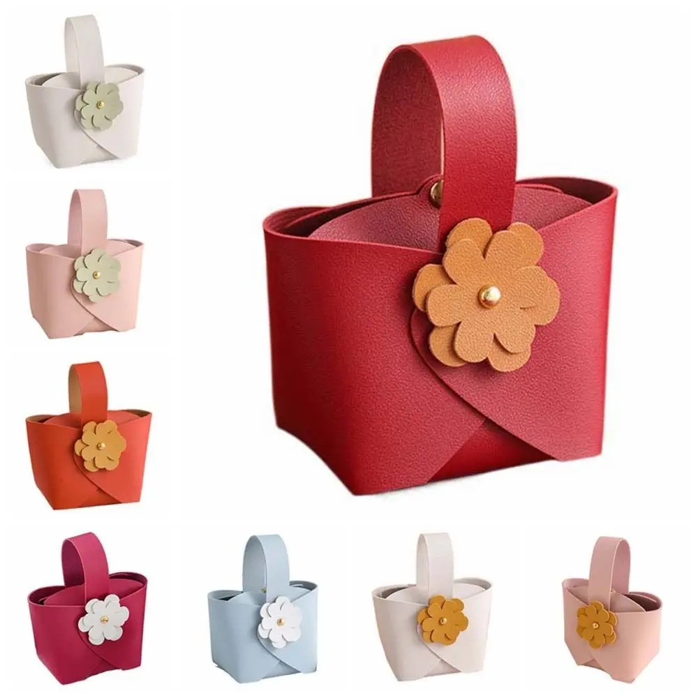 Bolso de mano de cuero PU de gran capacidad, bolsa de almacenamiento de muñeca pequeña de Color sólido, bolsa de dulces de boda de estilo coreano, bolsa con forma de cubo