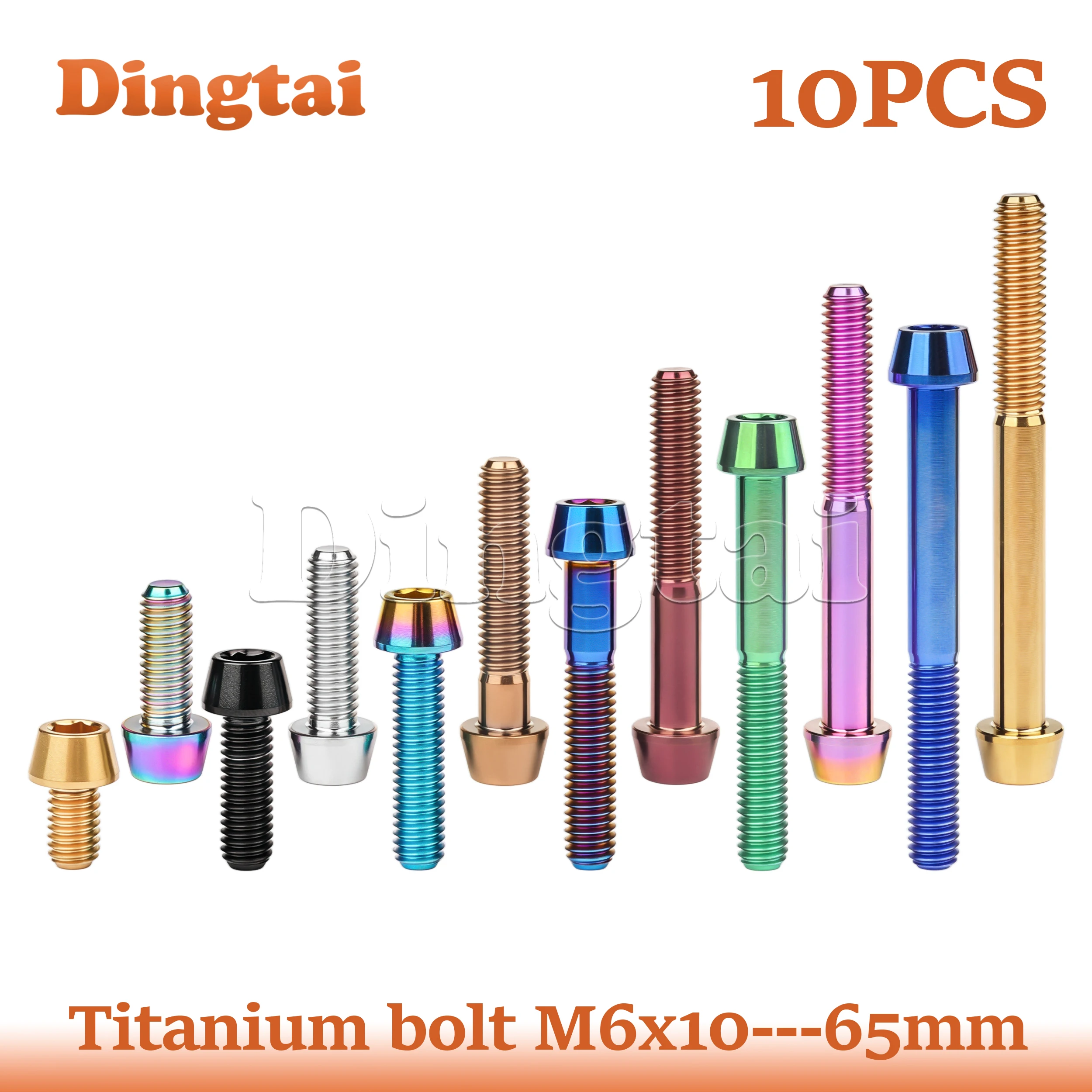 Dingtai Titanium Bolt 10PCS  M6x10/15/16/18/20/25/30/35/40/45/50/55/60/65mm Allen Key Cone Head Screws for Bicycle Head Brake