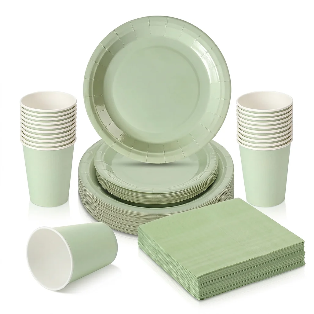 

Sage Green Disposable Tableware Set Paper Plates Cups Napkins For Birthday Party Wedding Baby Shower Minimalist Decor Supplies