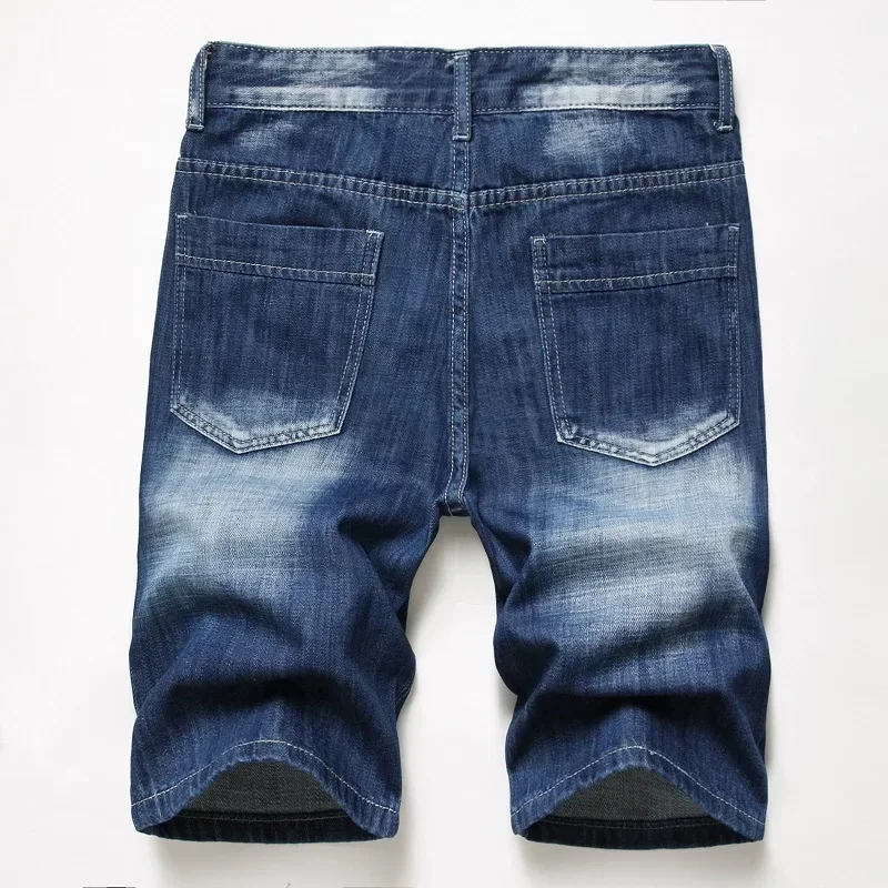 Summer New Men\'s Denim Shorts Blue Straight Slim Fit Fashionable Ripped Short Jeans Hip Hop High Street Casual Shorts Male