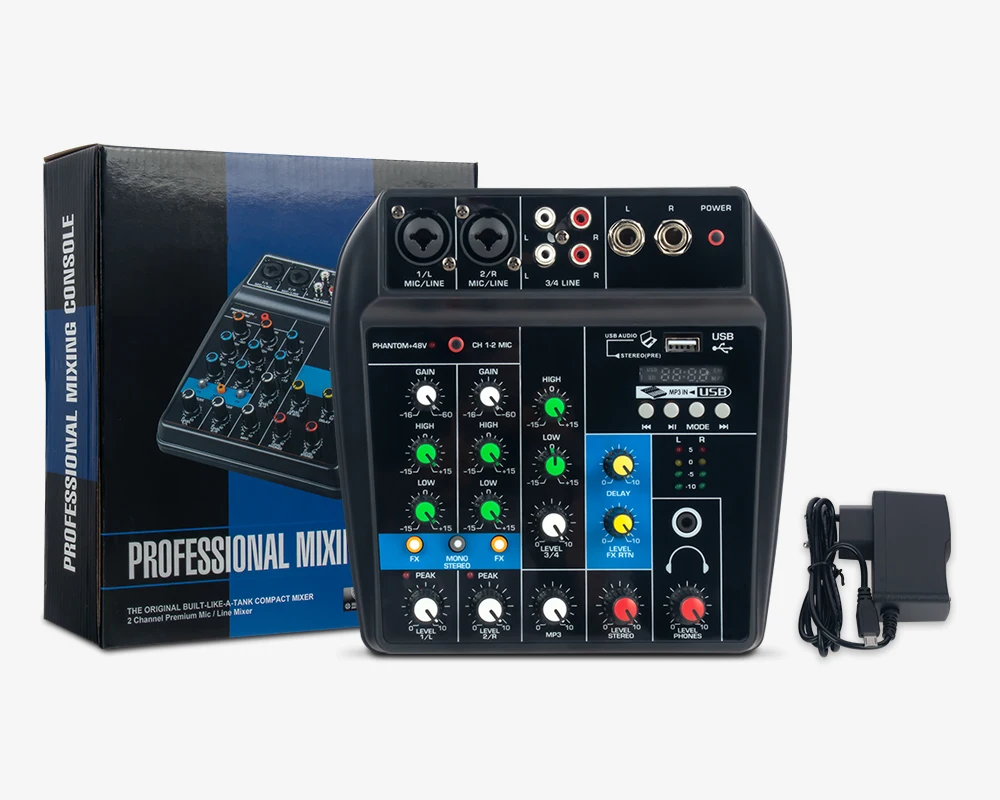 Geluidsmixing Console Bluetooth Usb Record Computer 48V Fantoom Power Delay Repaeat Effect 4 Kanalen Usb Audio Mixer 4 Kanaal