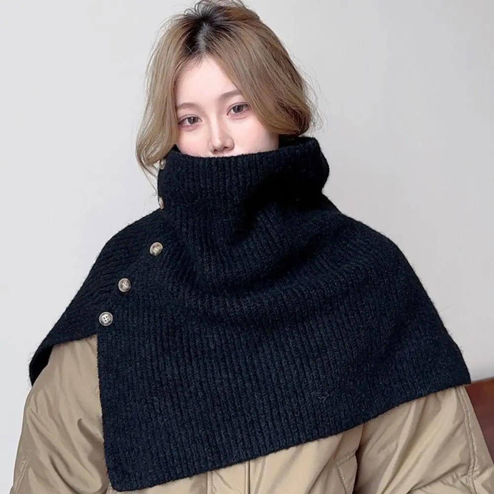 Simple Button Knitted Shawl Warm Thicken High Neck Scarf Irregular Cloak Women Winter Shawl Autumn