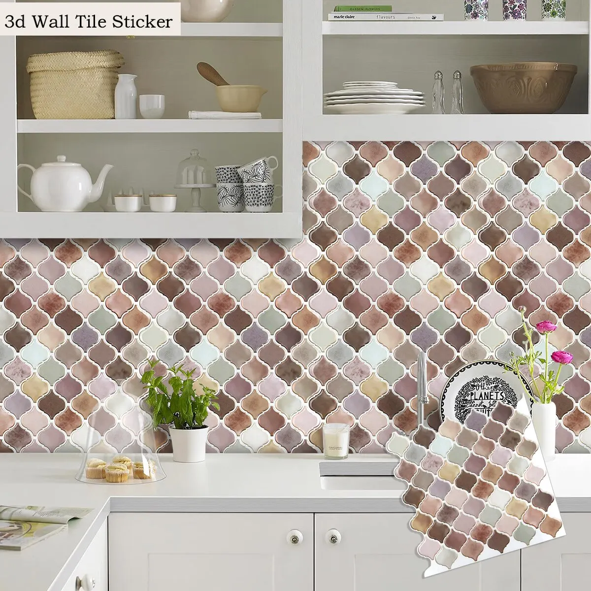 Self Adhesive Kitchen Backsplash Wall Stickers 3D Wall Tile Stickers Peel and Stick Pink Lantern Wallpaper 1 Sheet