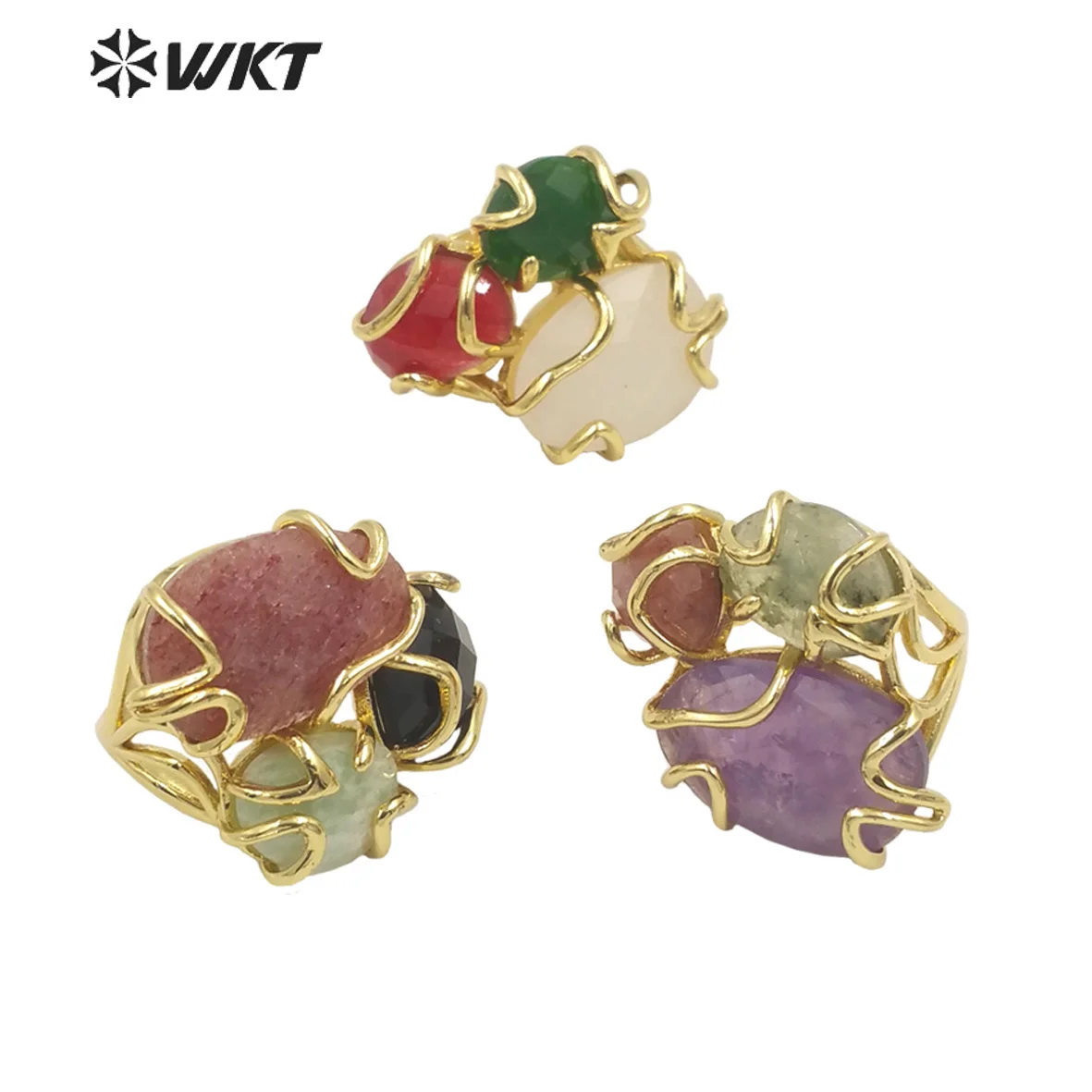 

R417 Wholesale Fashion Gorgeous Triple stone Prong setting gemstone Women Ring Natural sun stone Amethyst stone Ring for Party