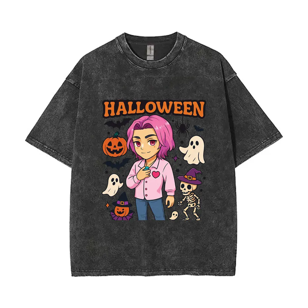 

Movie Kpop Demon Hunters Saja Boys Vintage Washed T-shirt Men Women Halloween Style T Shirts Unisex Fashion Oversized Streetwear