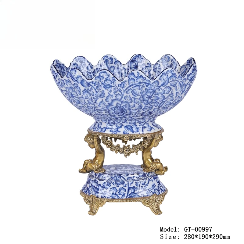

Dining room fruit pot, entrance sideboard, ceramic inlaid copper horse flower pot, new Chinese blue and white