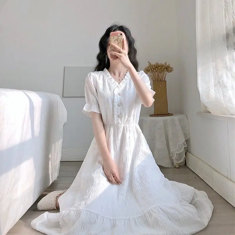 Sukienka dla kobiet Letnia koszula z krótkim rękawem w dużych rozmiarach Biało-niebieskie sukienki Casual Koreańska francuska retro Slim Fit Odzież damska