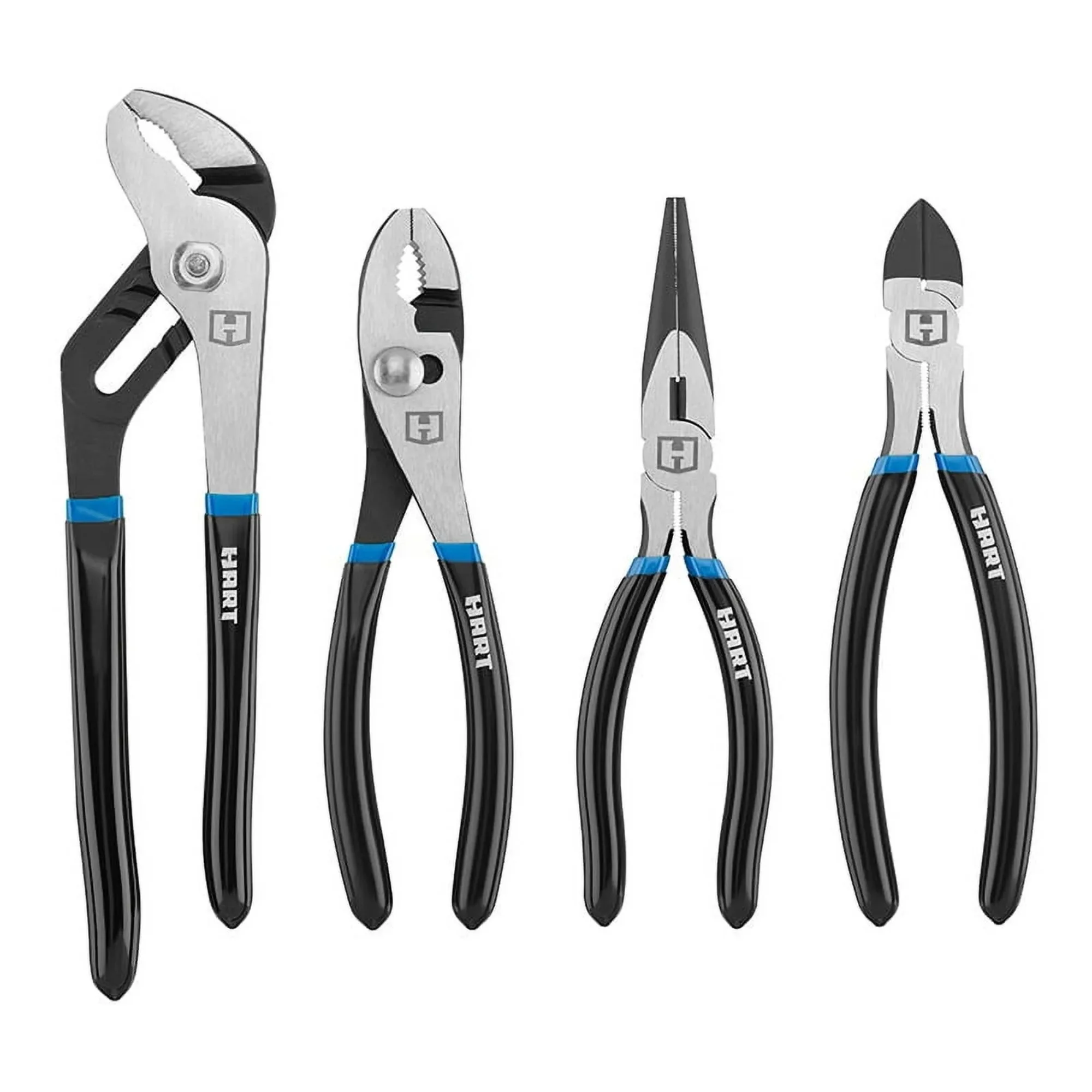 

4-Piece Pliers Set， (1) 10" Groove Joint Pliers, (1) 8" Slip Joint Pliers, (1) 8" Long Nose Pliers, (1) 8" Diagonal Pliers