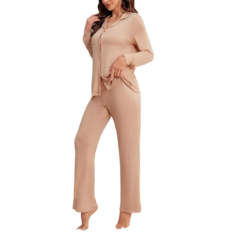 Autumn Modal Long-sleeved Tops&Long Pants Trousers Sets 2Pcs Women\'s Pajamas Sleepwear Nightwear Solid Home Clothes Cardigan