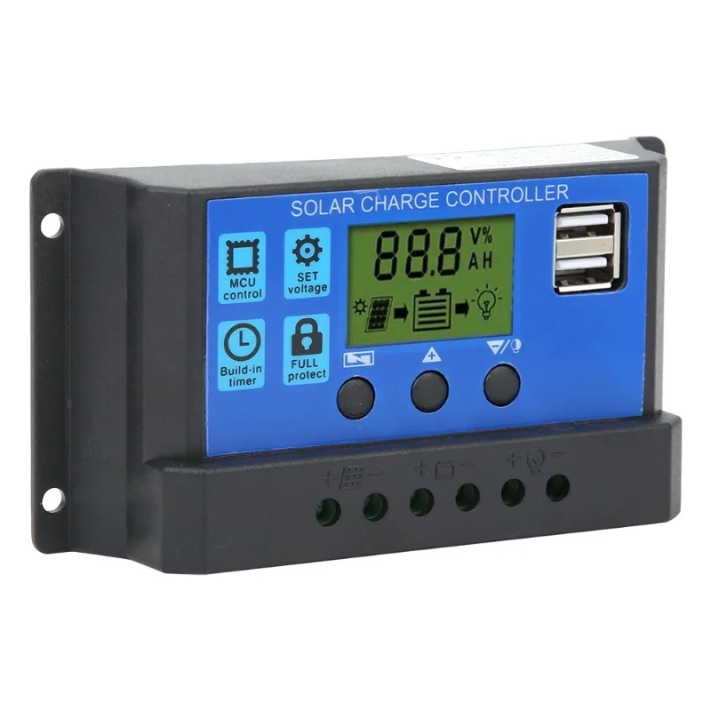 Solar Panel Controller LCD Display Battery Charge Control Dual USB Output 12V/24V 30A
