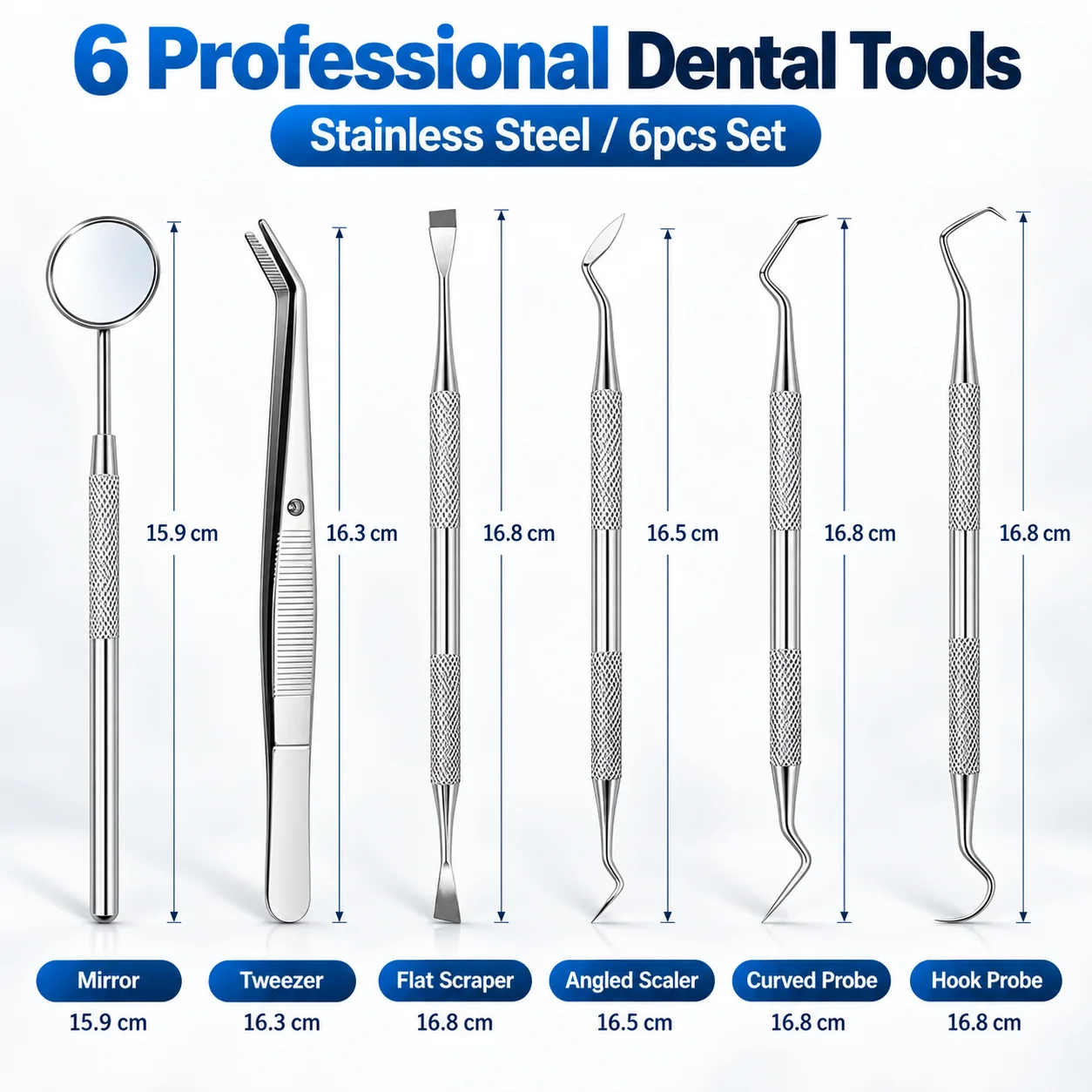 6Pcs Stainless Steel Dental Tool Set with Mirror, Tweezers, Scalers and Probes, Portable Dental Instrument Kit with Square Tin C