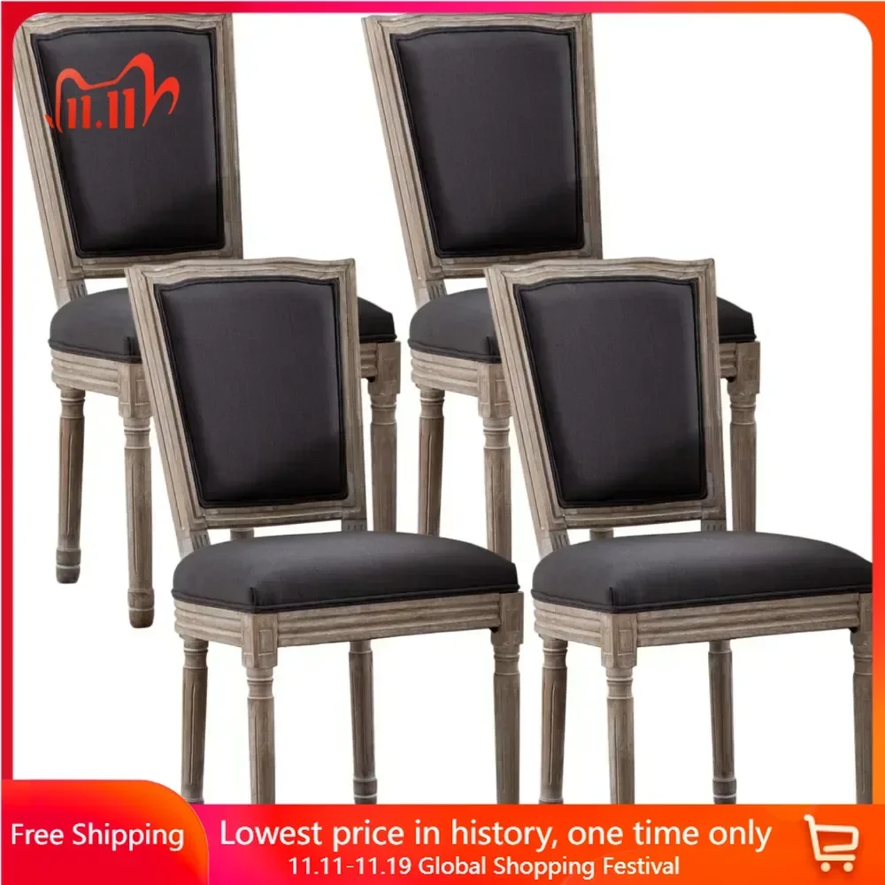 

French Dining Chairs Set of 4, with Square Backrest and Exquisitely Carved Solid Wood Frame, Louis Dining Chairs