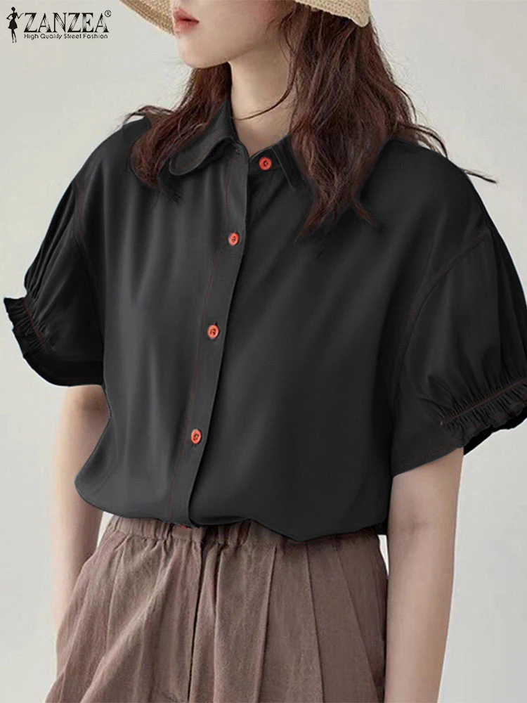 

ZANZEA Casual Shirts Women Short Puff Sleeve Denim Tops 2025 Fashion OL Work Blusas Summer Lapel Neck Solid Color Blouse