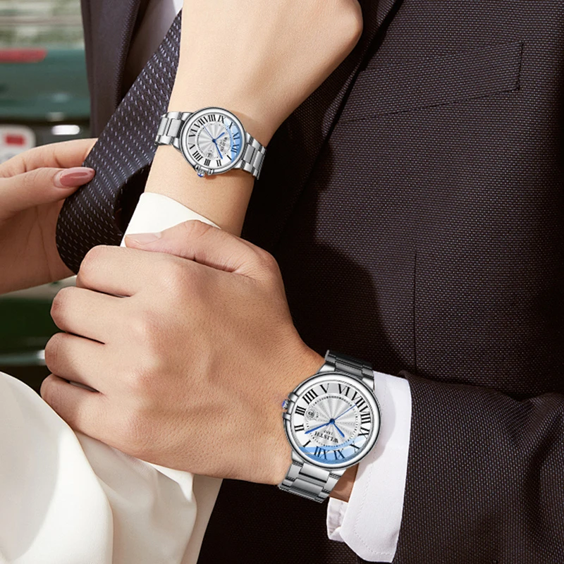 زوجين ووتش كوارتز ساعة الصلب الفرقة للماء الفاخرة رجال الأعمال والنساء زوجين ووتش الأزرق بالون الهدايا الساعات النسائية