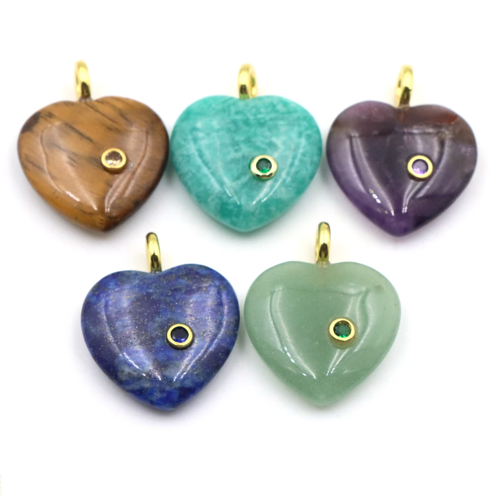 33mm Natural Stone Heart Shape Carved Pendant Multi Color Stones Jewelry Making Necklace DIY Handmade Pendant Accessories Gifts