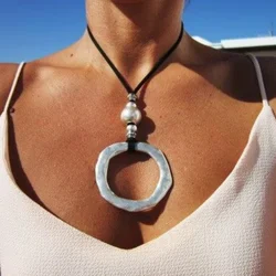 Vintage Style Exaggerated Circle Pendant Necklaces for Women Ethnic Style Leather Rope Alloy Beads Beach Vacation Jewelry