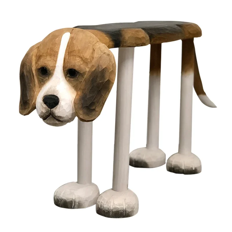Taburete de madera maciza tallado a mano, grande, para cambiar zapatos, maquillaje o recibidor, con forma de perro Beagle.