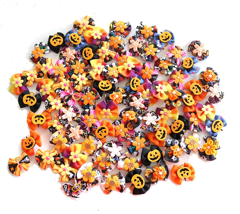 50PCS  Fall Dog Hair Bows Pumpkin Skull Bows For Small Dog Cat Grooming Bows Halloween Pet Dog Hair Accessories Dog Supplies