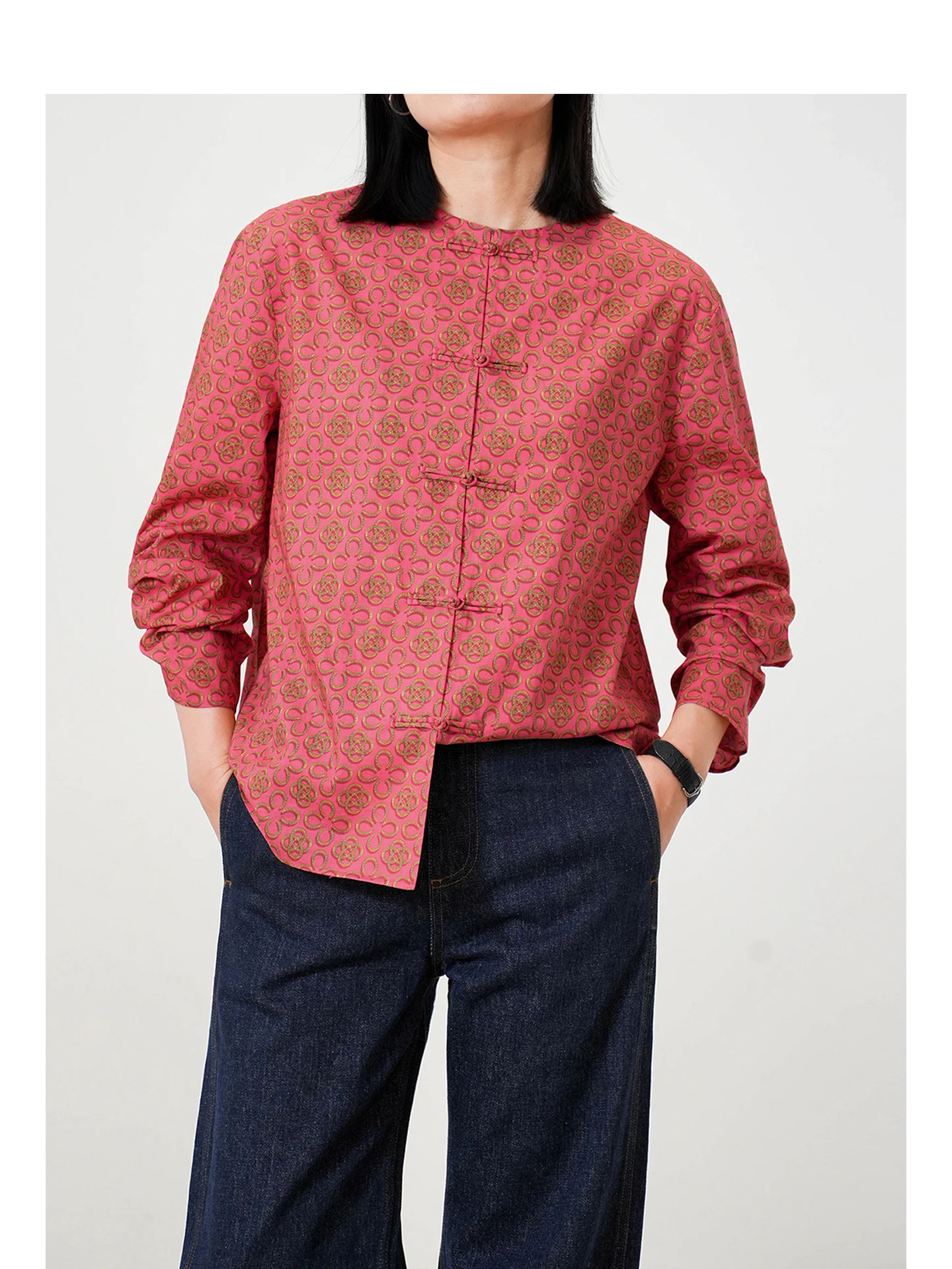 

Женская свободная рубашка с длинным рукавом из хлопка Tana Lawn с бархатистой текстурой, с новогодним принтом и пуговицами, в традиционном китайском стиле.