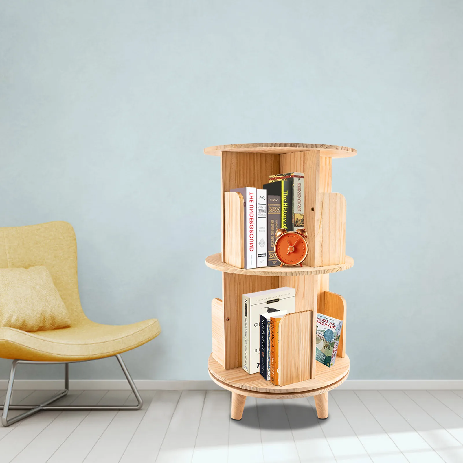 Revolving Bookstand – 2-Tier Pine Wood Bookshelf with 8 Compartments, Space-Saving Design