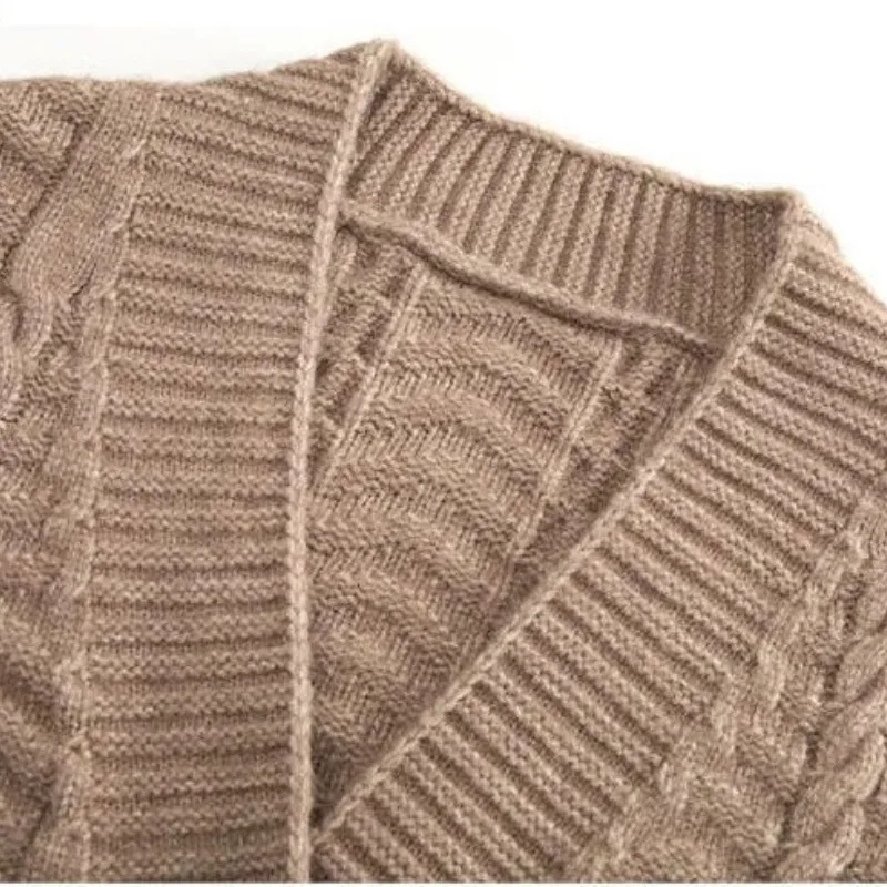 Women's Autumn Winter Fashion Solid Color V-neck Button Pocket Versatile Long Sleeved Loose Medium Length Sweater Cardigan Tops