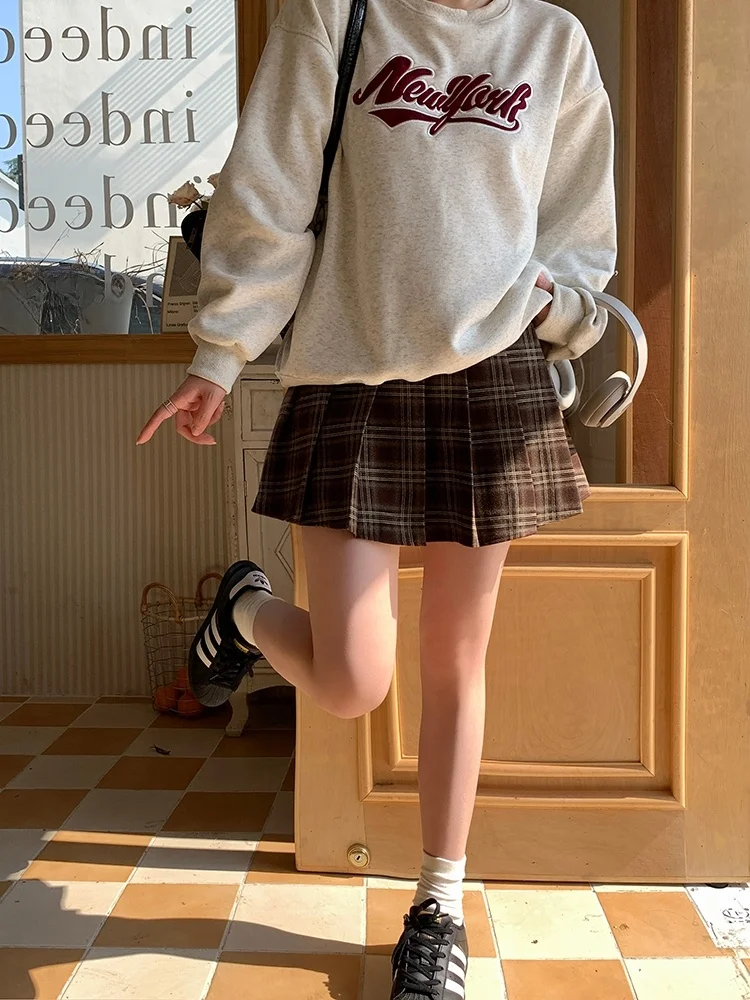 

Xiao en Meimei American Sle Campus Sweetheart Retro Plaid Pleated Skirt High Waist Slim A-Line f-length Skirt