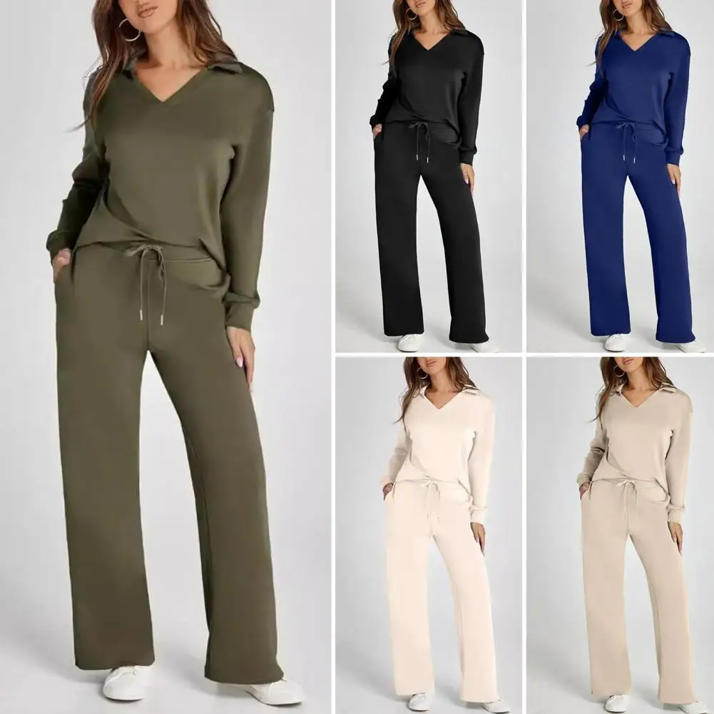 Women Loungewear Set Women\'s V Neck Sport Sweatshirt Wide Leg Trousers Set For Fall Spring Fitness Outfit Solid Color Tracksuit