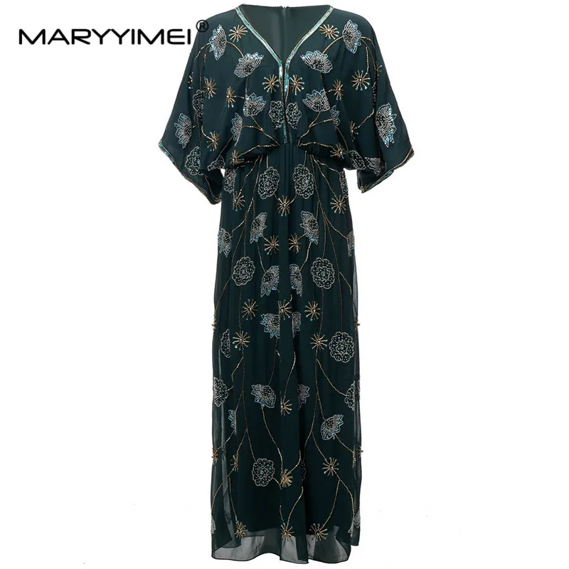 

MARYYIMEI New Fashion Women's 2024 Spring/Summer New Loose Half Sleeve Nail Beads Sequin Strech Patterned High-Waisted Dress