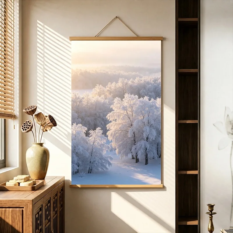 Wall Art Snowy Forest Ridges in Silver Mist, Nordic Minimal Pearlescent Canvas Wall Hanging Scroll for Spa Treatment Room Decor