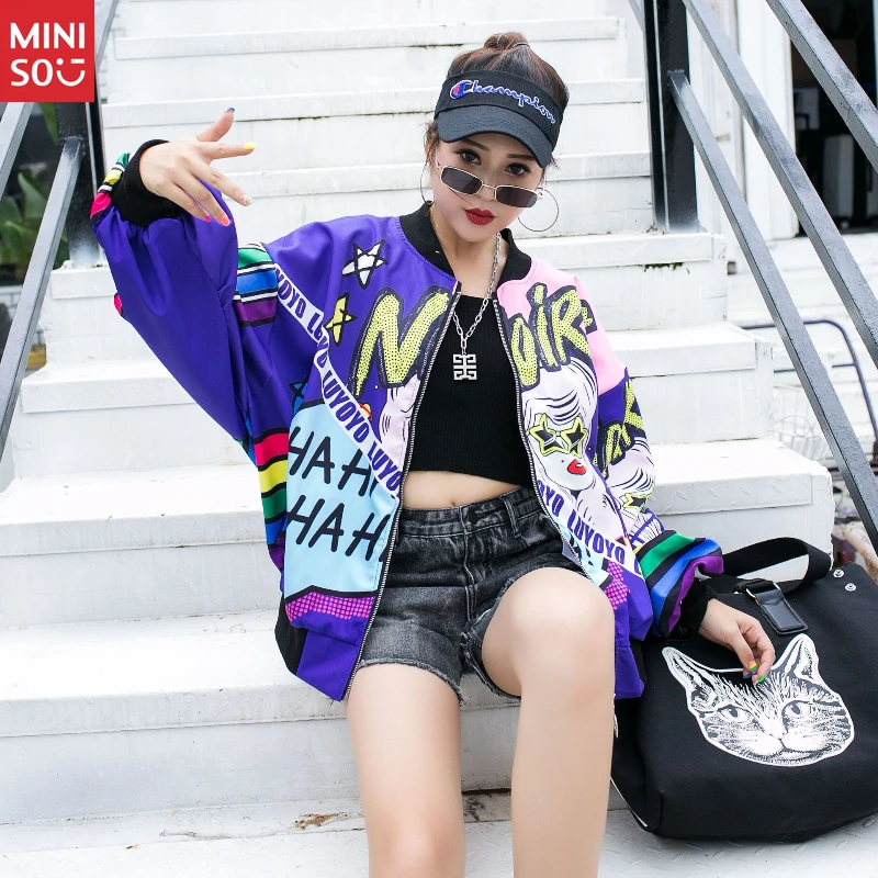 

Бейсбольная куртка Miniso Viral 2025л. | Женский блестящий принт, модный длинный рукав