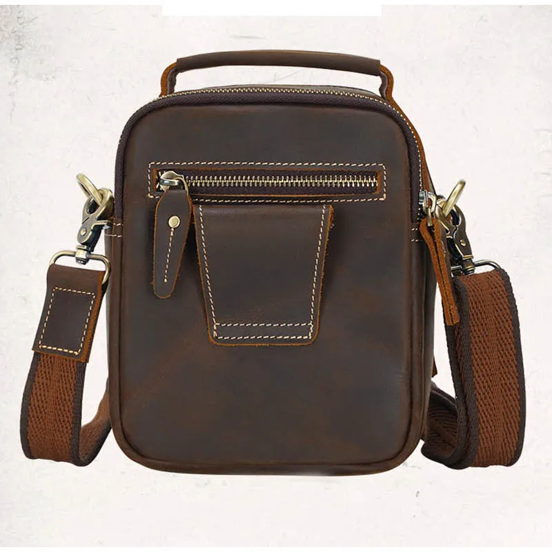 Men\'s Mini Shoulder Bag Crazy Horse Genuine Leather Crossbody Belt Bag Double Zipper Pocket Phone Pouch Vintage Handbag