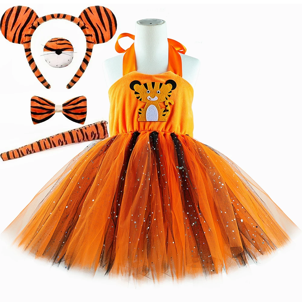 

Tiger Costume for Girls Halloween Carnival Party Animal Dress Up Outfit Glitter Orange Toddler Kids Forest Themed Tutu Dress