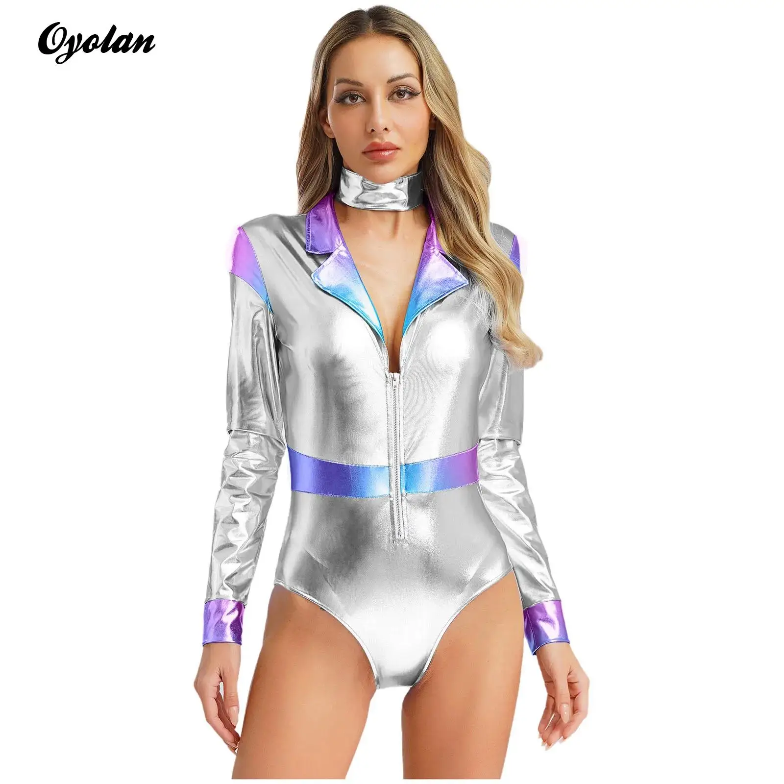 

Womens Outer Space Astronaut Alien Bodysuit Bodycon Leotard Costume Shiny Metallic Jumpsuit with Choker Halloween Rave Outfits