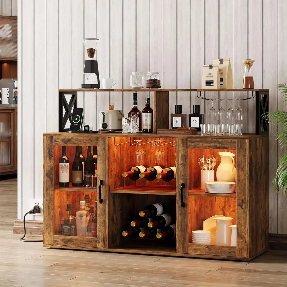 

Illuminated Wine Cabinet with Glass Holder, Coffee Bar Cabinet for Living and Dining Rooms, Wooden Storage with Power Outlets