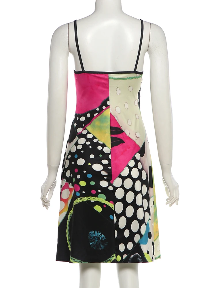 Weird Puss Sexy Kleid mit buntem Print für Damen, modische Patchwork-Design, tief ausgeschnittenes, ärmelloses, trendiges Mitternachts-Street-Club-Bodycon-Kleid – Detail 7