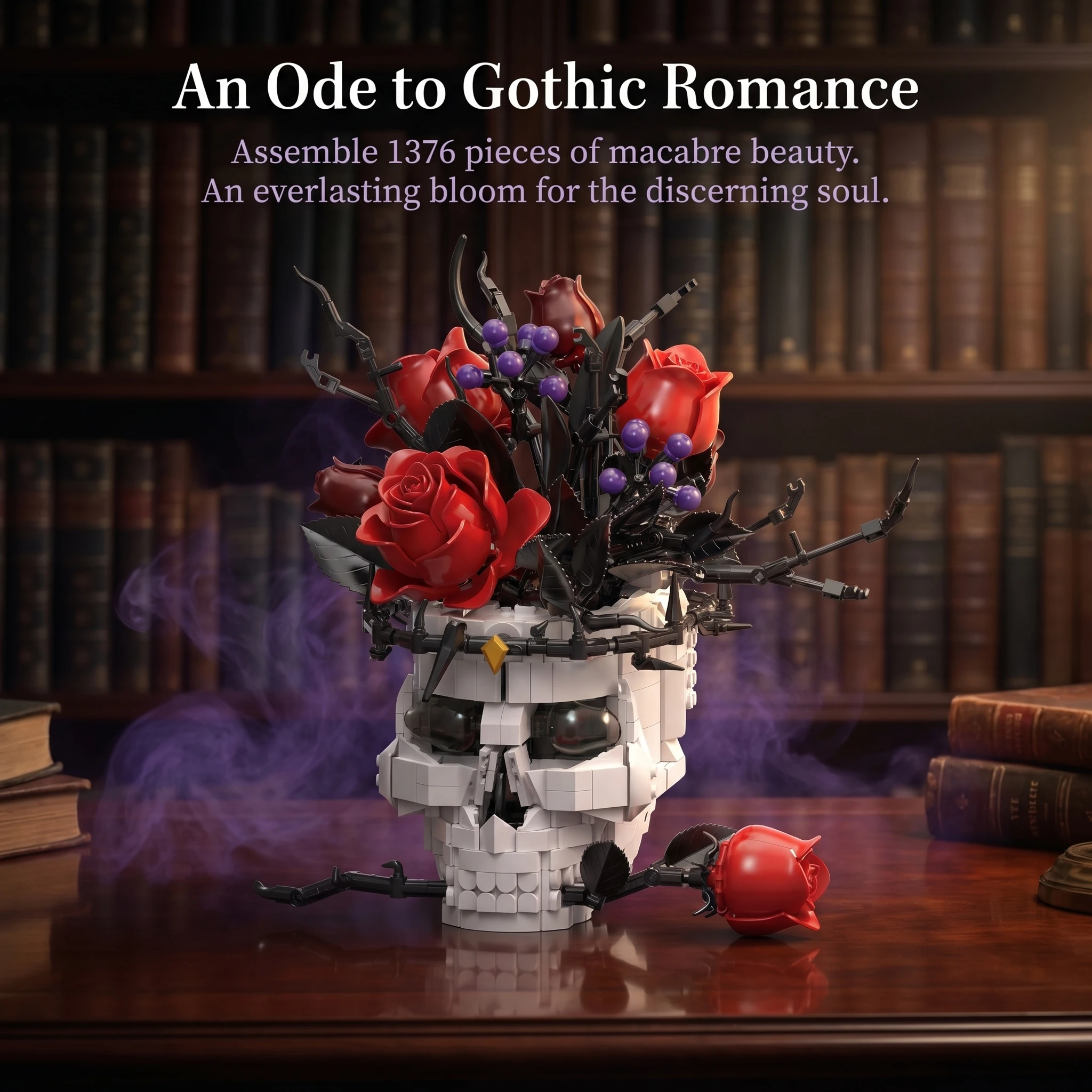 

Готический конструктор «Череп и Красная Роза» 1376 деталей, модель цветочного горшка-скелета, настольное украшение, игрушка-конструктор, креативный подарок для подростков