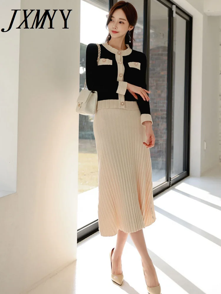 Autumn And Winter Fashion New Elegant Knitted Color Block Cardigan Top Waist Slim Sweater Skirt Fashion Suit Women's Clothing