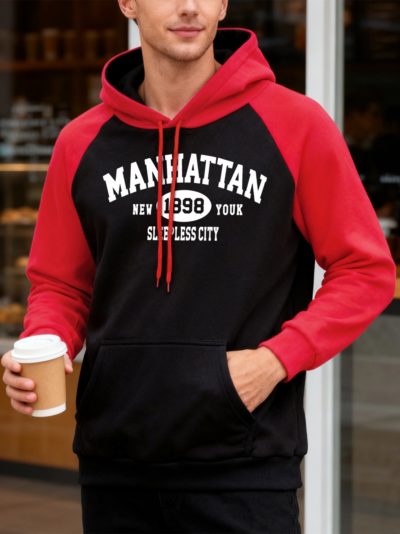 Manhattan New York Sleepless City Pattern Raglan Hoody Mens Casual Oversized Hoodies Pocket Fashion Hoodie Fleece Autumn Clothes