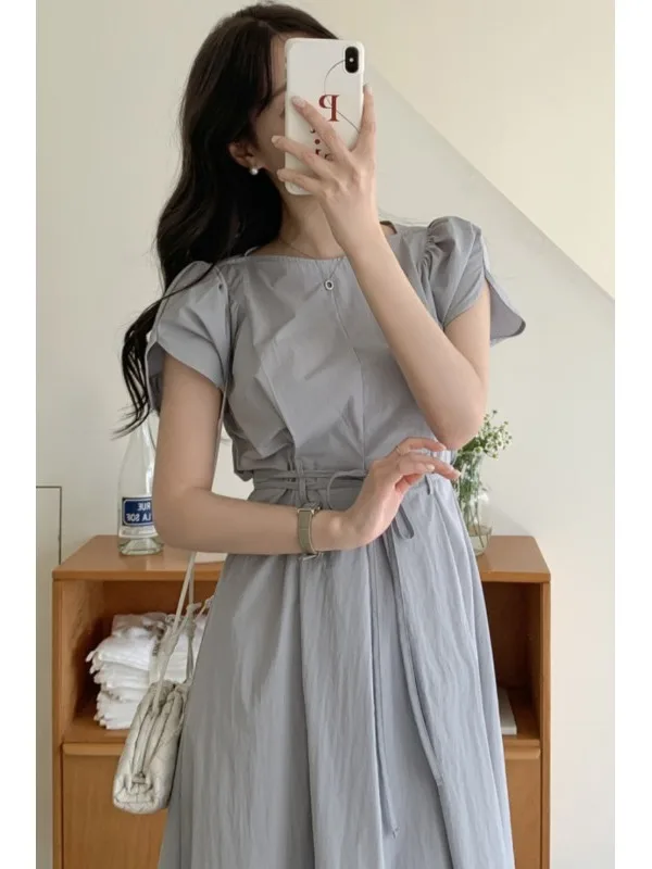 Vestido Retro Dulce con Cintura Ajustada, Diseño de Moda Femenina, Estilo Coreano con Nudo, Aósfera ra y Madura, Vestid...