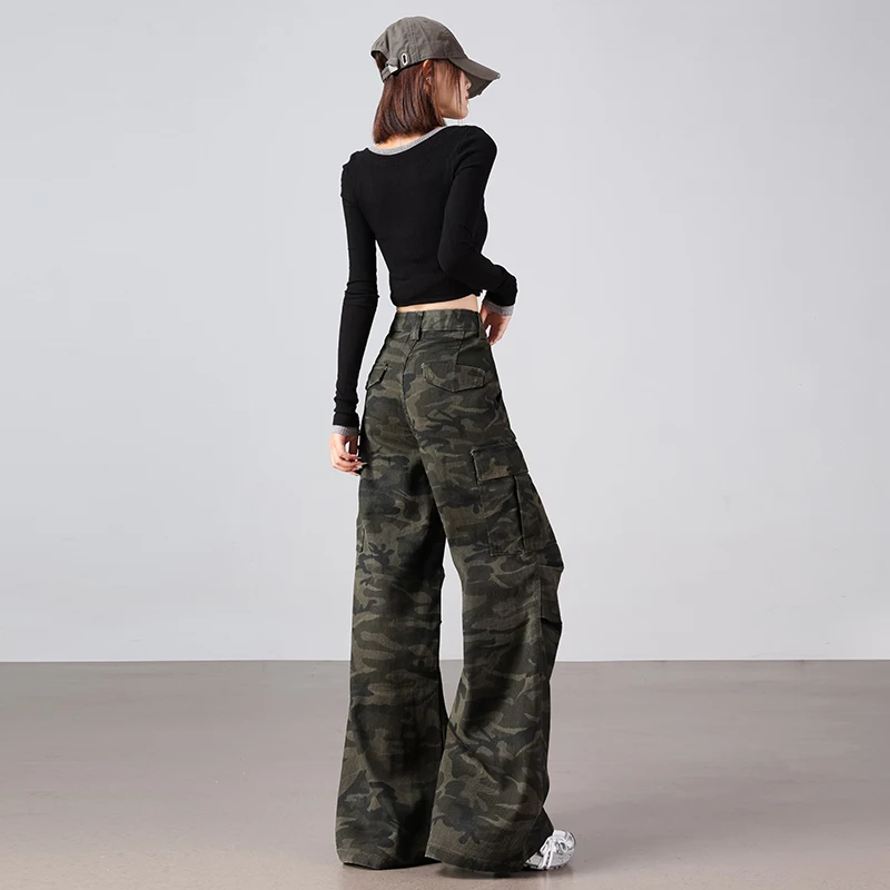 American high street retro camuflagem perna larga jeans feminino casual solto em linha reta calças compridas rua sle água wa