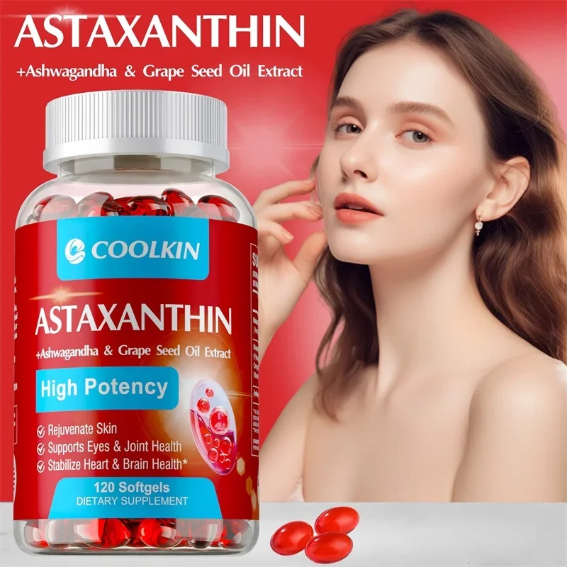 

Astaxanthin - with Grapeseed Oil, Ashwagandha, Antioxidant, Good for Skin and Eye Health, Anti-Aging, Non-GMO, Gluten Free