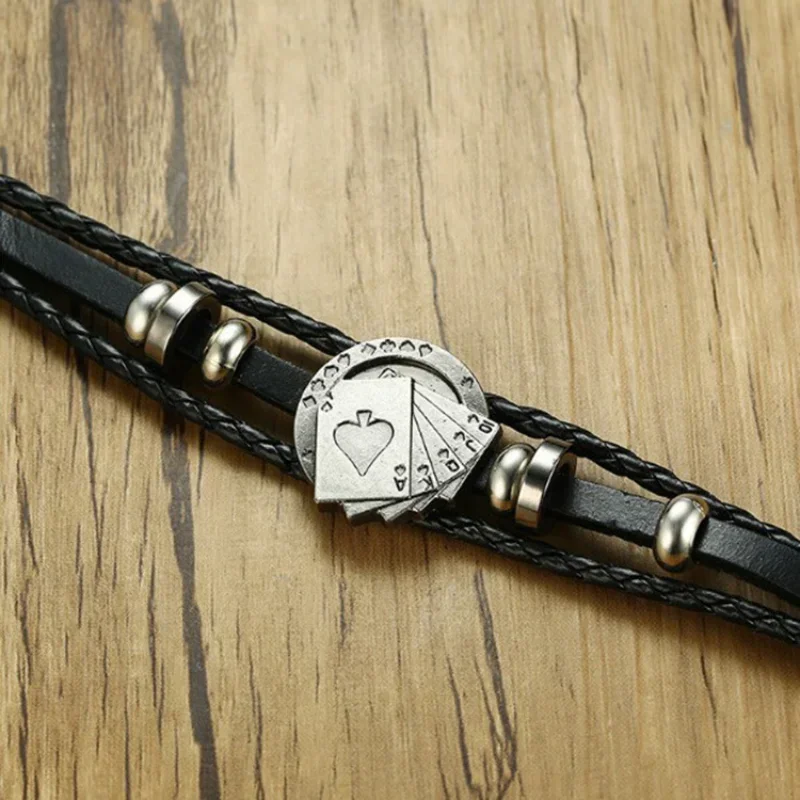 Men's Leather Bracelets Vintage Lucky Poker Card ID Stars Bar Charm Multilayer Strand Bracelet Male Jewelry Gift image 6
