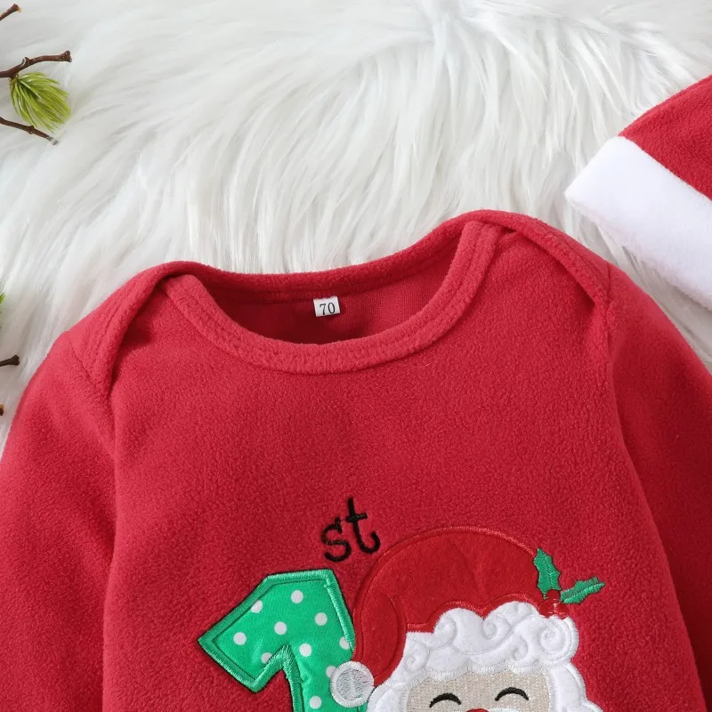 Christmas Baby Clothing Cozy Polar Fleece Romper in Festive Red Kids Long Sleeve Christmas Party Santa Bodysuit with A Free Hat