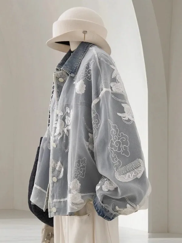 플러스 사이즈 300 포우 자수 패치워크 데님 재킷 여성용 루즈핏 트렌디 버전 가을 겨울 아우터 코트