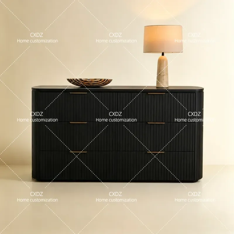 American Black Solid Wood Chest of Drawers with Metal Strip Handles Simple Style Storage Cabinet for Bedroom and Living Room
