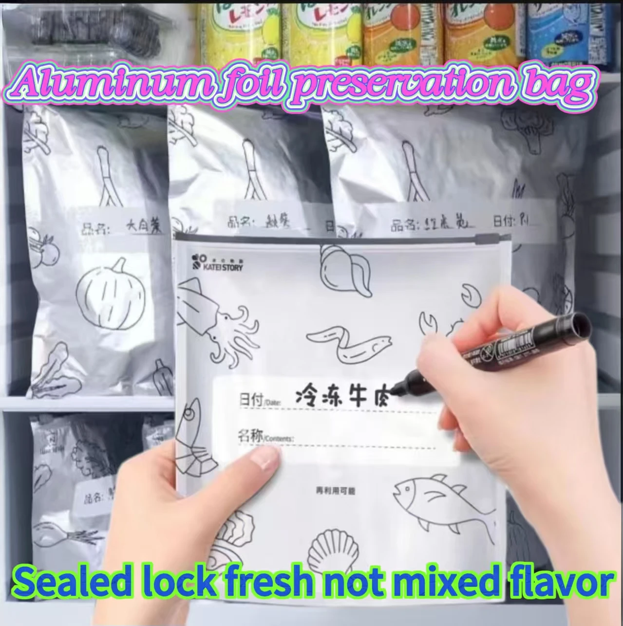 Bolsa fría sellada con papel de aluminio engrosado estilo cremallera; bolsa de conservación de alimentos para congelador casero; bolsa de envasado de alimentos ambiental.